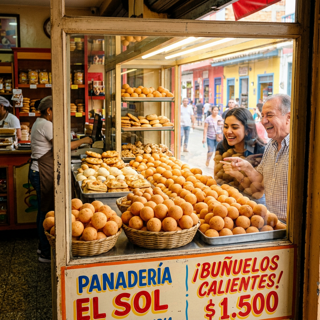 Breakfast with buñuelos and tropical fruits